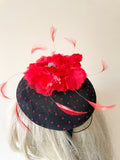 UNBRANDED BLACK & RED SPOT FLOWER & FLOATING FEATHER FASCINATOR