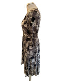 L.K. BENNETT 100% SILK GREY,BLACK & WHITE FLORAL PRINT WRAP DRESS  SIZE 10