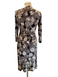 L.K. BENNETT 100% SILK GREY,BLACK & WHITE FLORAL PRINT WRAP DRESS  SIZE 10