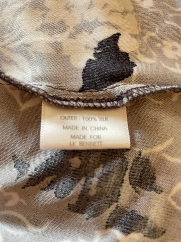 L.K. BENNETT 100% SILK GREY,BLACK & WHITE FLORAL PRINT WRAP DRESS  SIZE 10