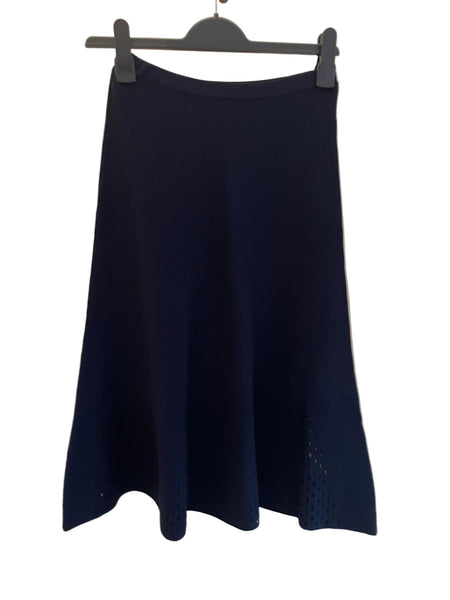 SANDRO NAVY BLUE STRETCH KNIT A-LINE LAZER CUT DETAIL SKIRT SIZE 1 UK 6/8/10