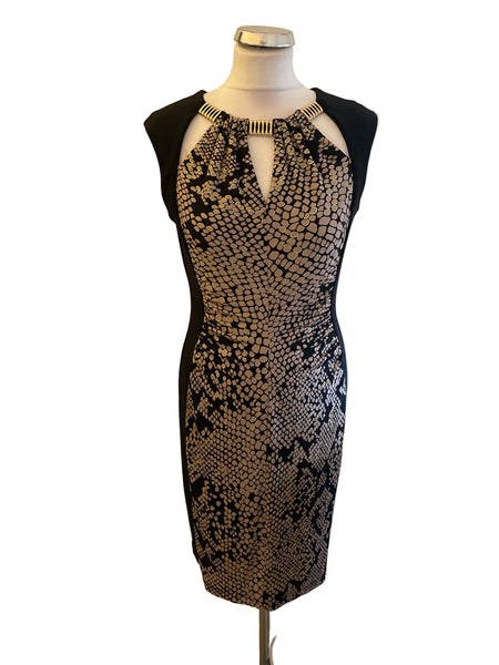 JOSEPH RIBKOFF BLACK & GOLD KEYHOLE NECKLINE STRETCH JERSEY PENCIL DRESS SIZE 12