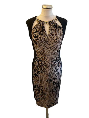 JOSEPH RIBKOFF BLACK & GOLD KEYHOLE NECKLINE STRETCH JERSEY PENCIL DRESS SIZE 12