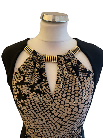 JOSEPH RIBKOFF BLACK & GOLD KEYHOLE NECKLINE STRETCH JERSEY PENCIL DRESS SIZE 12