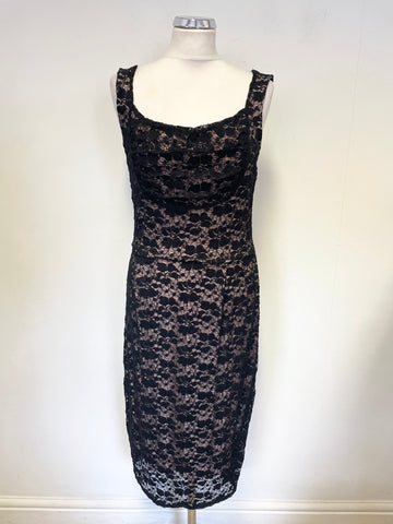 JIGSAW BLACK LACE OVER NUDE LINED SLEEVELESS PENCIL DRESS SIZE M