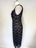 JIGSAW BLACK LACE OVER NUDE LINED SLEEVELESS PENCIL DRESS SIZE M