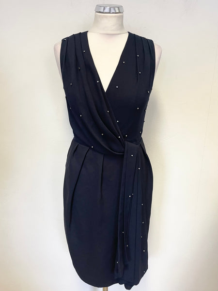 WHISTLES NAVY BLUE RHINESTONE TRIMMED V NECK SLEEVELESS PENCIL DRESS SIZE 8