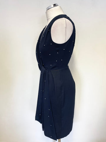 WHISTLES NAVY BLUE RHINESTONE TRIMMED V NECK SLEEVELESS PENCIL DRESS SIZE 8