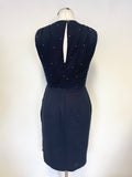 WHISTLES NAVY BLUE RHINESTONE TRIMMED V NECK SLEEVELESS PENCIL DRESS SIZE 8