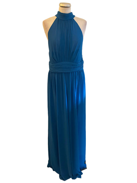 GODDIVA BLUE HIGH REAR TIE NECK LONG EVENING DRESS SIZE 14