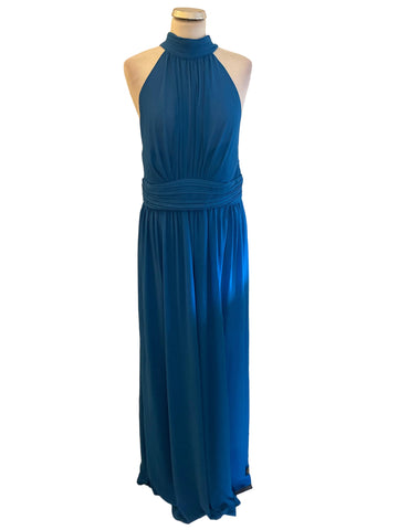 GODDIVA BLUE HIGH REAR TIE NECK LONG EVENING DRESS SIZE 14
