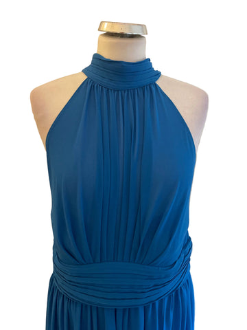 GODDIVA BLUE HIGH REAR TIE NECK LONG EVENING DRESS SIZE 14