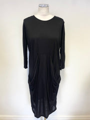 COS BLACK 3/4 SLEEVED STRETCH JERSEY DRAPED POCKET SHIFT DRESS SIZE S