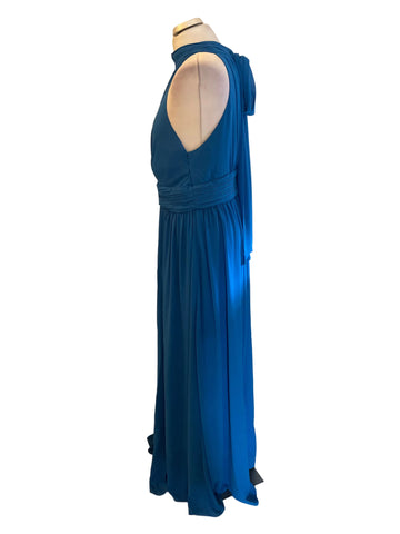 GODDIVA BLUE HIGH REAR TIE NECK LONG EVENING DRESS SIZE 14
