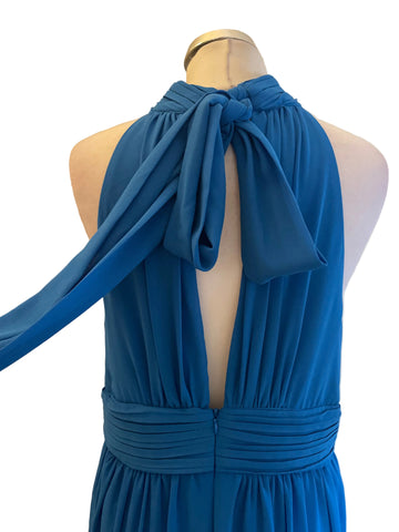GODDIVA BLUE HIGH REAR TIE NECK LONG EVENING DRESS SIZE 14