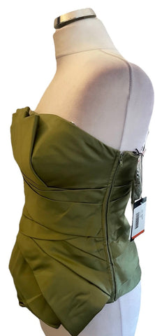 BRAND NEW FRANK USHER DUSK GREEN SATIN STRAPLESS BUSTIER WITH ADDITIONAL STRAPS SIZE 12