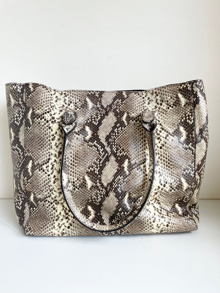LK BENNETT BROWN & CREAM PYTHON LEATHER LARGE TOTE BAG