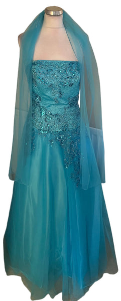 YVE LONDON TURQUOISE BEADED,JEWEL & SEQUINNED NET BALL GOWN WITH WRAP SIZE M
