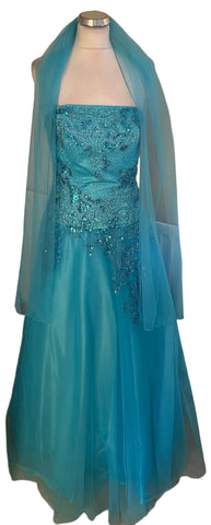 YVE LONDON TURQUOISE BEADED,JEWEL & SEQUINNED NET BALL GOWN WITH WRAP SIZE M