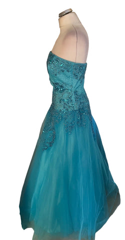 YVE LONDON TURQUOISE BEADED,JEWEL & SEQUINNED NET BALL GOWN WITH WRAP SIZE M