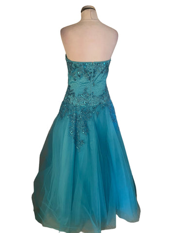 YVE LONDON TURQUOISE BEADED,JEWEL & SEQUINNED NET BALL GOWN WITH WRAP SIZE M