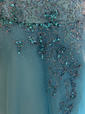 YVE LONDON TURQUOISE BEADED,JEWEL & SEQUINNED NET BALL GOWN WITH WRAP SIZE M