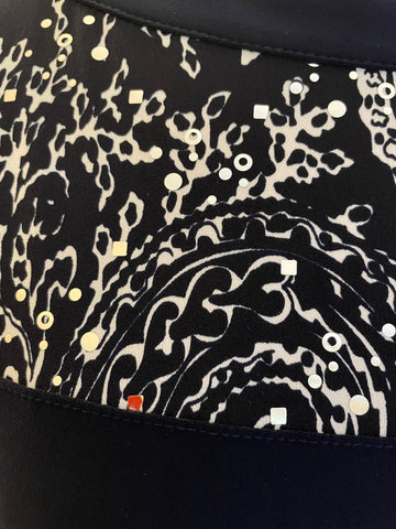 JOSEPH RIBKOFF NAVY BLUE & WHITE SEQUIN PRINT & STRIPED OCCASION DRESS SIZE 12