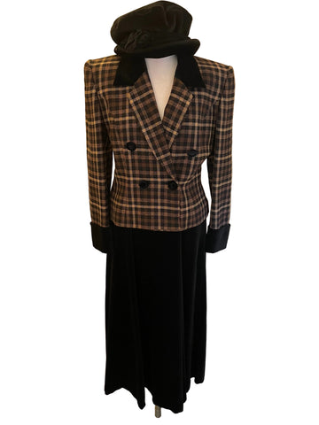VINTAGE COUNTY CASUALS BLACK & BROWN CHECK JACKET WITH BLACK VELOUR LONG SKIRT & HAT SIZE 10/12