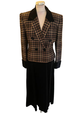 VINTAGE COUNTY CASUALS BLACK & BROWN CHECK JACKET WITH BLACK VELOUR LONG SKIRT & HAT SIZE 10/12