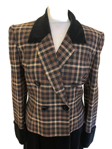 VINTAGE COUNTY CASUALS BLACK & BROWN CHECK JACKET WITH BLACK VELOUR LONG SKIRT & HAT SIZE 10/12