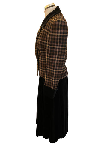 VINTAGE COUNTY CASUALS BLACK & BROWN CHECK JACKET WITH BLACK VELOUR LONG SKIRT & HAT SIZE 10/12