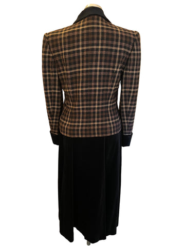 VINTAGE COUNTY CASUALS BLACK & BROWN CHECK JACKET WITH BLACK VELOUR LONG SKIRT & HAT SIZE 10/12