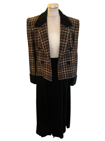 VINTAGE COUNTY CASUALS BLACK & BROWN CHECK JACKET WITH BLACK VELOUR LONG SKIRT & HAT SIZE 10/12