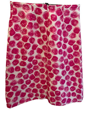 L.K. BENNETT 100% SILK CERISE & WHITE SPOT PRINT A-LINE SKIRT  SIZE 10