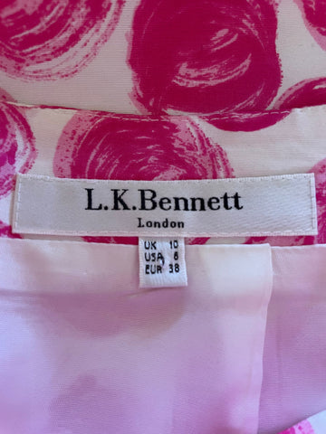 L.K. BENNETT 100% SILK CERISE & WHITE SPOT PRINT A-LINE SKIRT  SIZE 10