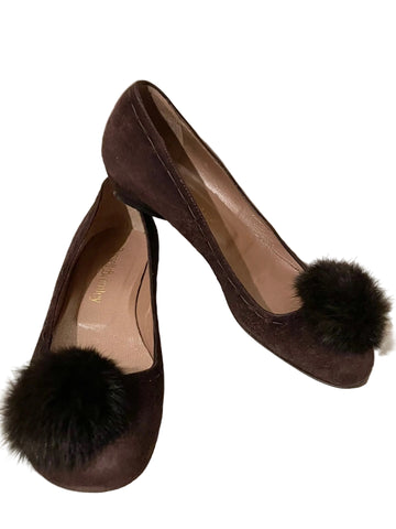 RUSSELL & BROMLEY BROWN SUEDE RABBIT FUR TRIM LOW HEEL PUMPS SIZE 4.5/37.5