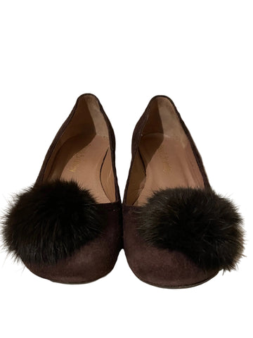 RUSSELL & BROMLEY BROWN SUEDE RABBIT FUR TRIM LOW HEEL PUMPS SIZE 4.5/37.5
