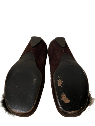 RUSSELL & BROMLEY BROWN SUEDE RABBIT FUR TRIM LOW HEEL PUMPS SIZE 4.5/37.5