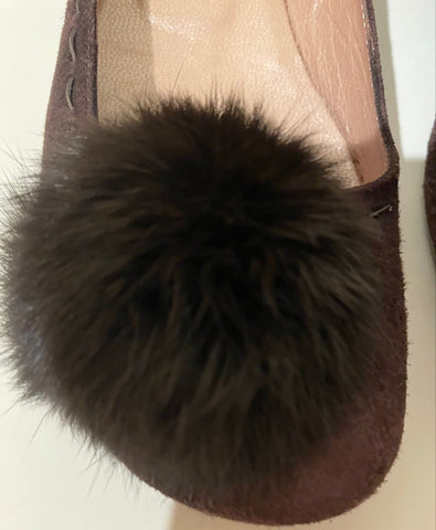 RUSSELL & BROMLEY BROWN SUEDE RABBIT FUR TRIM LOW HEEL PUMPS SIZE 4.5/37.5