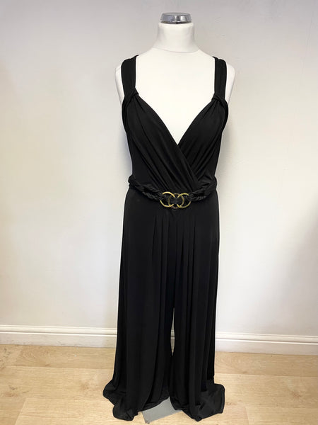 PHASE EIGHT BLACK JERSEY GOLD TRIM BELTED JUMPSUIT SIZE 18