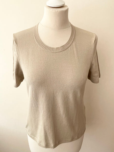 JAEGER BEIGE COTTON BLEND SHORT SLEEVE FINE KNIT JUMPER SIZE M