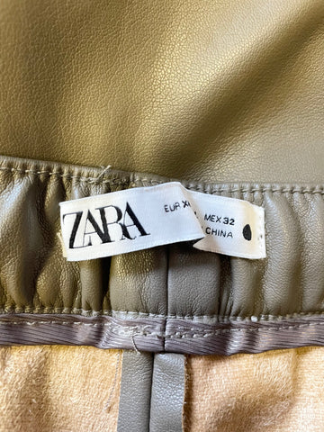 NEW ZARA DARK TAUPE FAUX LEATHER TAPERED LEG HIGH RISE CROP TROUSERS SIZE XL