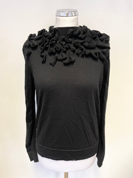 COS BLACK 100% WOOL RUFFLE TRIM LONG SLEEVED JUMPER SIZE S