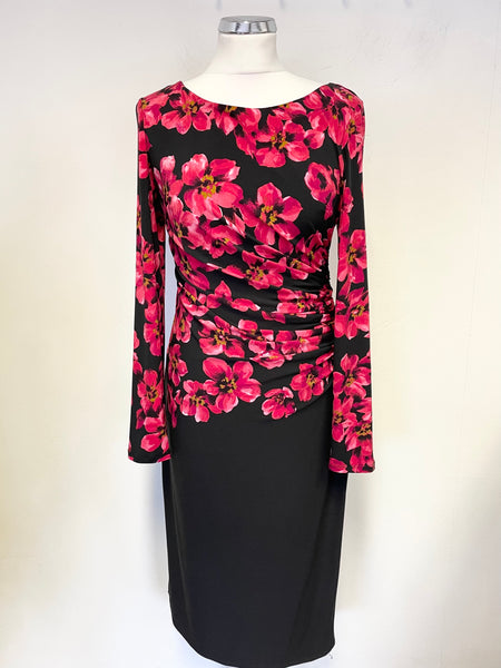 GINA BACCONI BLACK & RED FLORAL PRINT STRETCH JERSEY PENCIL DRESS SIZE 12