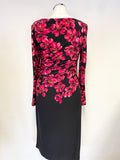 GINA BACCONI BLACK & RED FLORAL PRINT STRETCH JERSEY PENCIL DRESS SIZE 12