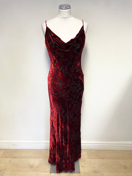 MONSOON TWILIGHT RED & BLACK VELOUR FINE STRAP LONG EVENING DRESS SIZE 14