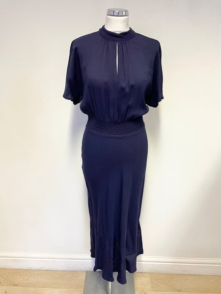 WHISTLES NAVY BLUE SHORT SLEEVED ELASTICATED SHIRRED WAIST MIDI DRESS SIZE 8