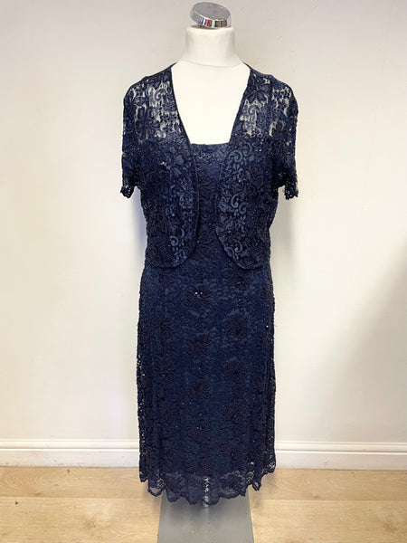 PHASE EIGHT NAVY BLUE BEADED LACE SPECIAL OCCASION DRESS & BOLERO TOP SIZE 18