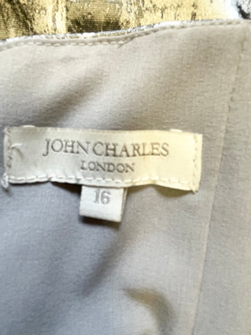 JOHN CHARLES SILVER GREY PRINT JEWEL TRIM HALTER NECK PENCIL DRESS & BOLERO JACKET SIZE 16