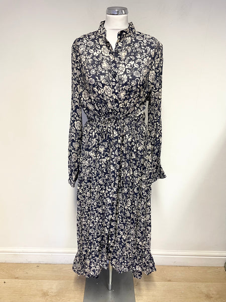 CHOKLATE PARIS NAVY BLUE & CREAM FLORAL PRINT LONG SLEEVED MAXI DRESS SIZE M